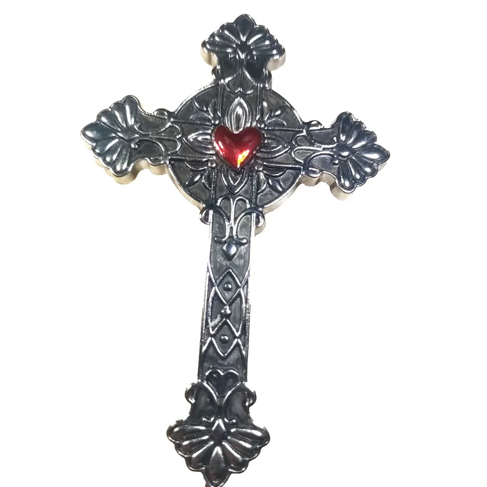 Large Cross Key Pendant Silver Tone Religious Red Heart